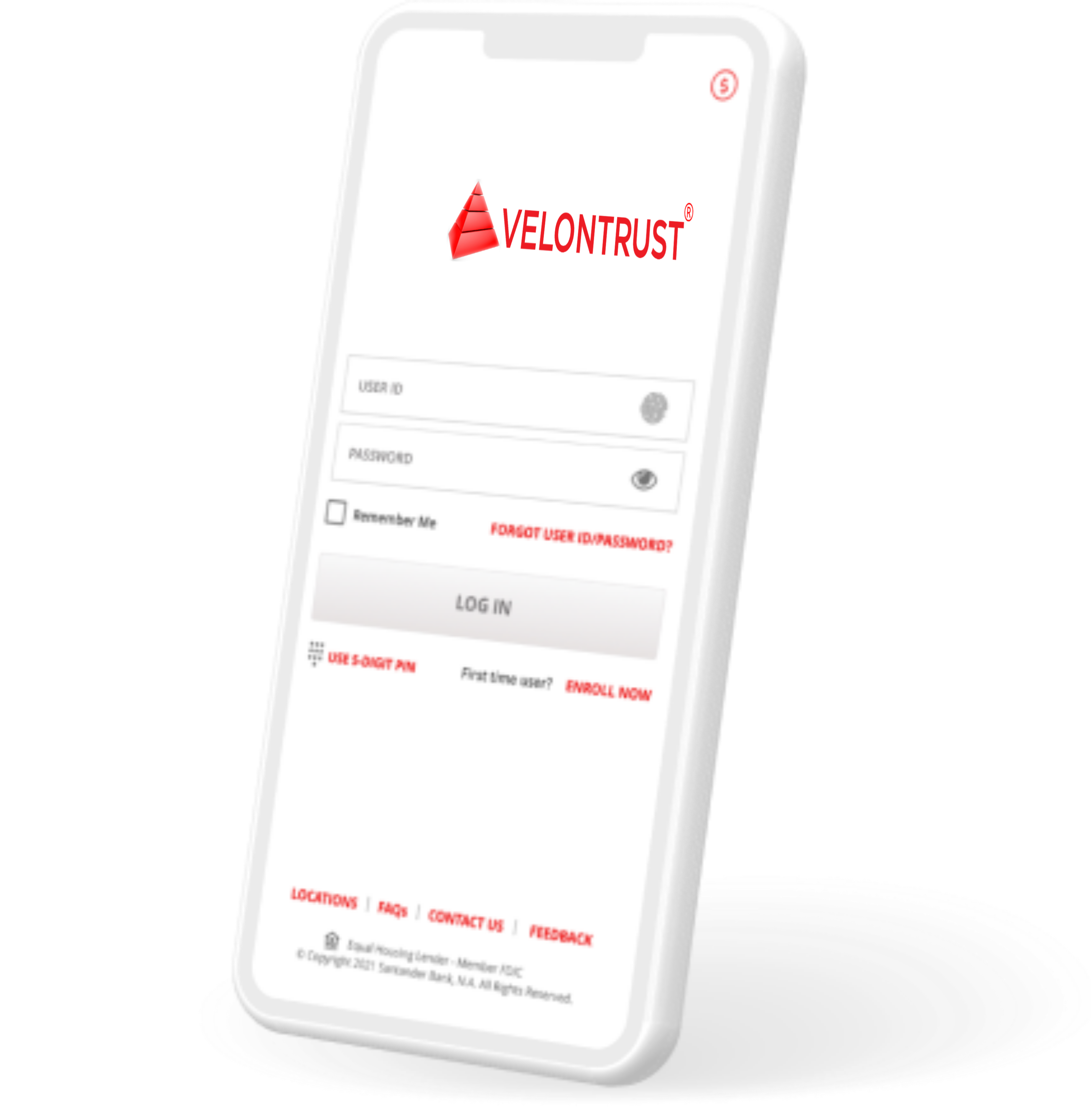 A rendering of a smartphone using the Velon Trust Bank mobile app.